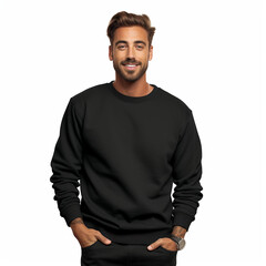 Obraz premium Smiling man with stylish beard in black sweater against a white background 