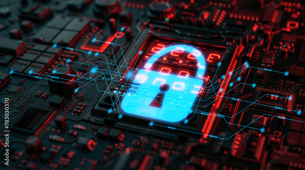 Wall mural digital security lock on circuit board technology. futuristic digital security concept with a glowin