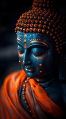 Buddha head close up on a dark background.