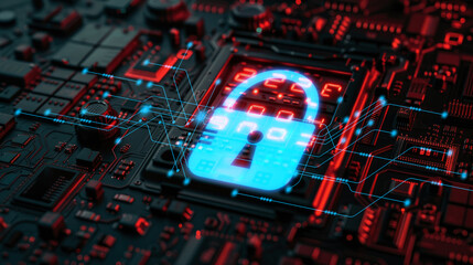 Digital security lock on circuit board technology. Futuristic digital security concept with a glowing lock icon on an intricate electronic circuit board. System hacked warning alert on laptop.