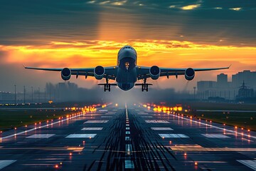 Dawn Departure: Commercial Aircraft Ascending from Runway - obrazy, fototapety, plakaty