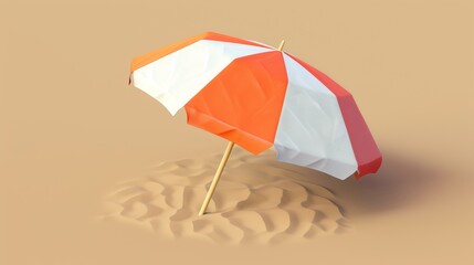 An orange and white beach umbrella in 3D