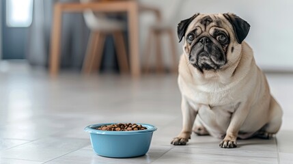 Pug Waiting Patiently for Meal - obrazy, fototapety, plakaty