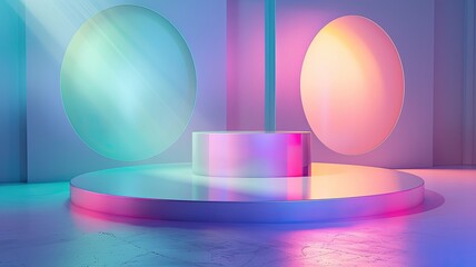 Obraz premium Glass round discs, transparent disc, round flat panels with refraction , highlights, sun rays, sunlight, geometric , 3D, illustration, horizontal wallpaper