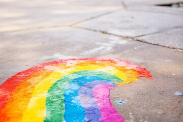 Vibrant rainbow painted on a sidewalk, adding a pop of color to the urban landscape