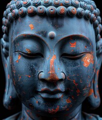 Buddha head close up on a dark background.