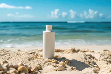 Sunny Beach Retreat: Cosmetic Product on Sand