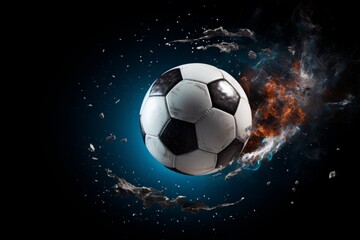 A dynamic shot of a soccer ball in mid-air after a powerful header