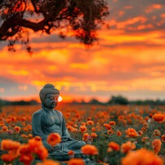 Bust of Buddha statue sitting in ZEN garden with flowers around