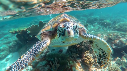 Fototapeta premium A sea turtle gracefully swims through vibrant coral reefs in a tropical ocean, capturing the beauty of marine life during a sunny afternoon