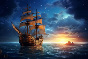 A pirate's ship sailing beneath a star studded night sky
