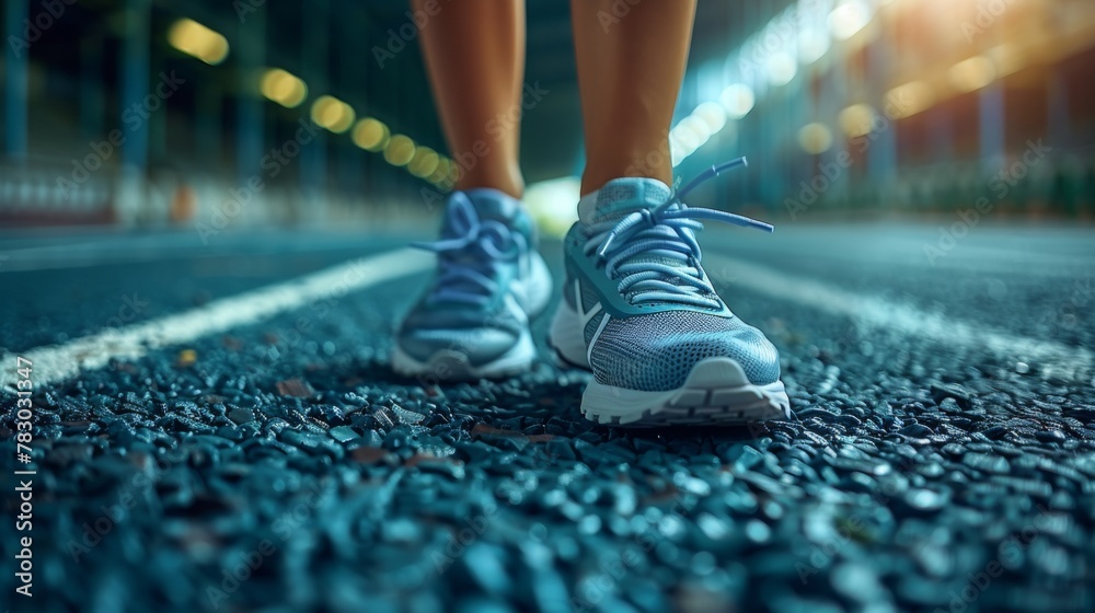 Sticker A person's feet are wearing blue and white running shoes, AI