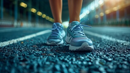 A person's feet are wearing blue and white running shoes, AI