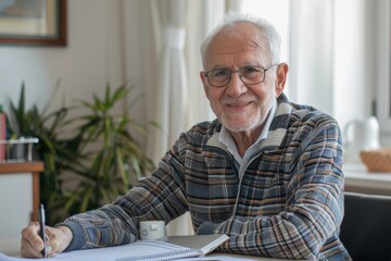 Smiling senior man studying at home
