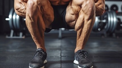 A man squatting in a gym with his legs crossed, AI