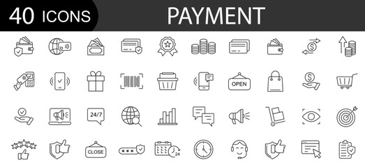  Money and finance line icons collection. Icons related to payment.  Vector illustration