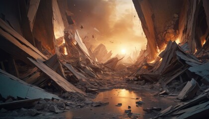 A dramatic depiction of post-apocalyptic ruins, with jagged structures framing the sun as it sets amidst a dusty, desolate landscape.. AI Generation