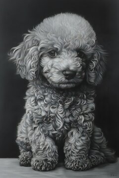 Poodle puppy in a black background,  Black and white image