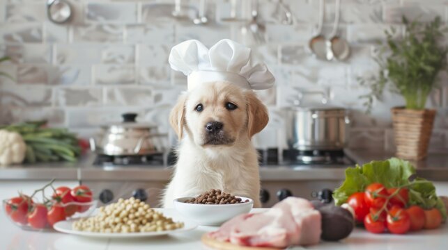 Puppy Dressed as Chef in Kitchen