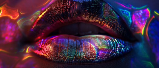 beautiful close-up woman's lips with sparkling purple gold bioluminescent neon lights stained glass light created  - obrazy, fototapety, plakaty