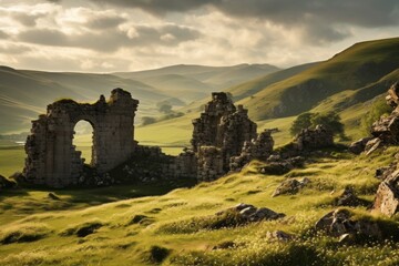 Obraz premium Ancient stone ruins set against a backdrop of rolling hills