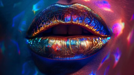 neon lips closeup person in a nightclub color