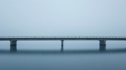 A bridge spans a body of water with a foggy sky in the background