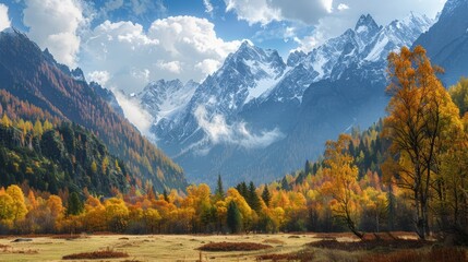 Against the backdrop of towering peaks, the autumn mountain pasture becomes a haven of tranquility, where the melody of rustling leaves serenades the soul. - Powered by Adobe