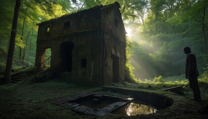 In a lush forest clearing, the sun illuminates an abandoned, derelict building, a silent witness to nature's reclaiming embrace.. AI Generation