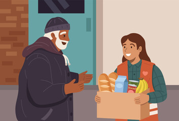 Woman volunteer handing a food container to an elderly homeless man.