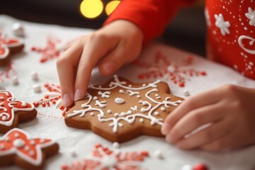 Close up of a child's hand decorating a gingerbread cookie