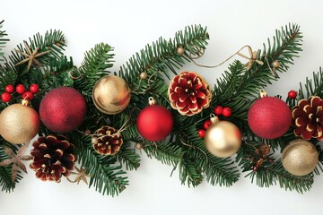 Christmas decoration with fir branches, red and gold balls and cones on white background