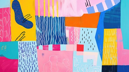 a multi colored pastels, in the style of large bold, graphic shapes, collage-based, quadratura, colorful pop, cartoonish motifs