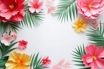 Fototapeta na wymiar Summer Vibes: Paper Flowers and Palm Leaves