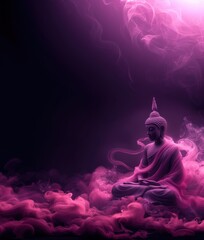 Sitting Buddha with fluorescent neon smoke around background.