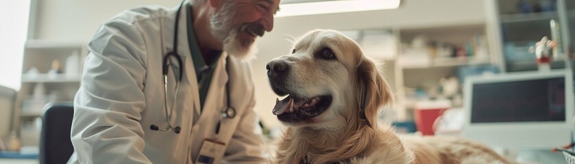 A veterinarian with a golden retriever in a clinic, soft lighting, warm tones, focus on facial expressions and bond between human and animal , high resolution