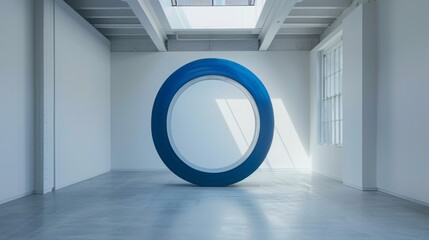 A blue sculpture of a circle is in a white room