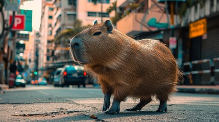 photo of a capybara walking in the city 
