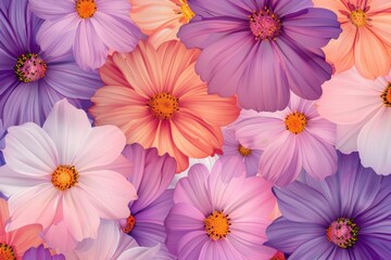 Fototapeta premium Beautiful vibrant cosmos flowers background illustration with colorful petals and bright green leaves in a garden setting