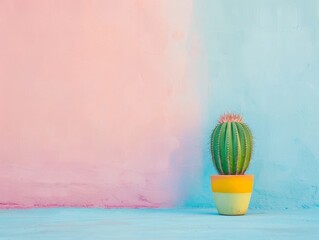 A small cactus is sitting in a yellow pot on a blue wall - Powered by Adobe