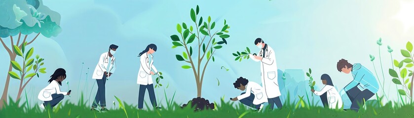 Healthcare professionals planting trees, illustrating the connection between medical donation, sustainability, and renewal , animation - obrazy, fototapety, plakaty