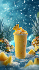 Refreshing pineapple drink with chunks and whole pineapples surrounded by splashes of water, creating a tropical atmosphere in a vibrant setting