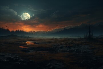 Obraz premium Full moon casting an eerie glow on the mist landscape.