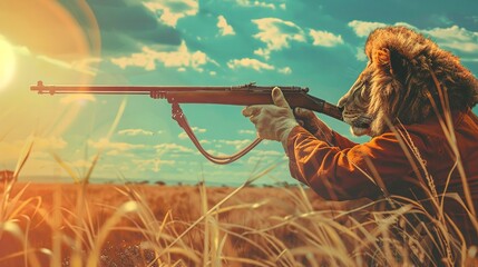 Animated lion with a vintage rifle, in safari attire, aiming at a distant target, savannah background, vibrant colors , digital photography style - obrazy, fototapety, plakaty
