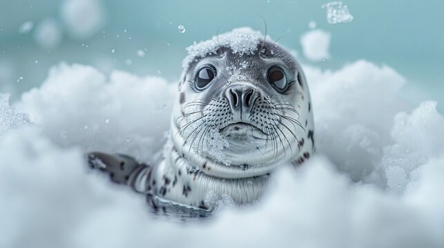 Seal pup in a sea salt scrub, closeup, cool tones, refreshing spa scene , isolate background