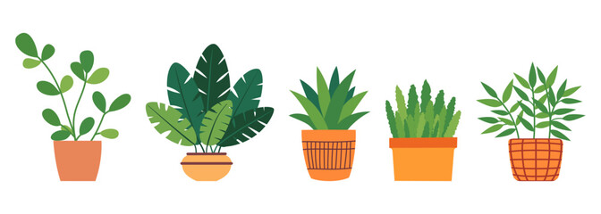 Set of lush green plants in pots. Greenery for interior decoration, plant lovers. Flowers in a pot in flat style. Houseplants. Vector illustration.
