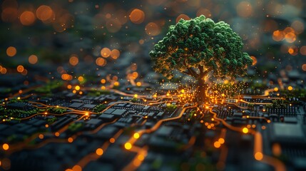 A tree of digital life sprouts from circuit board, generative AIs vision of ecoinnovation and tech harmony - obrazy, fototapety, plakaty