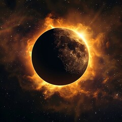 Solar eclipse viewed from space, suns corona glowing vividly, moons silhouette in front, starry background , high resolution