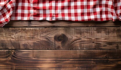 Red and white checkered tablecloth on wooden background with copy space for text or product, layout template. Design layout for menu card, food advertising poster or restaurant interior design