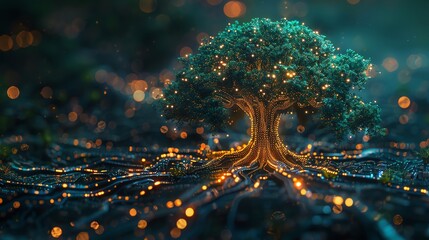 AI crafts a tree where branches are circuits, leaves are data bits, symbolizing the organic growth of digital realms - obrazy, fototapety, plakaty
